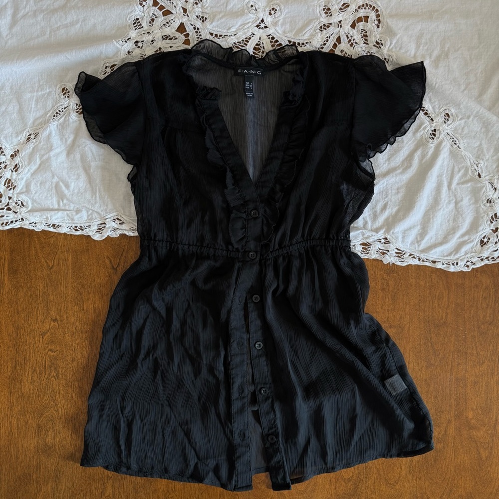 Y2K Babydoll Button Down Sheer Ruffle Blouse